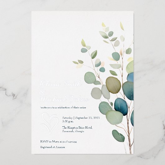 ユーカリプスグリーンリーシルバー結婚式招待状 箔シーズンカード (正面)