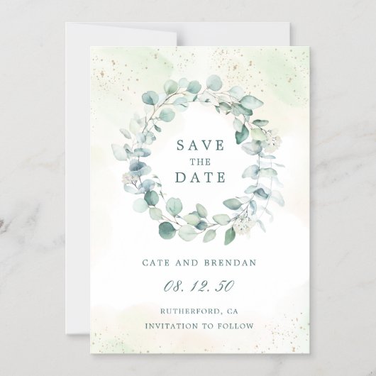 ユーカリプスグリーンリースウェディングザデー マグネット招待状 (正面)