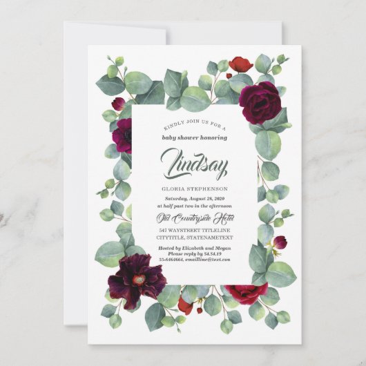 ユーカリプスグリーンリーバーガンディフローラベビーシャワー 招待状 (正面)