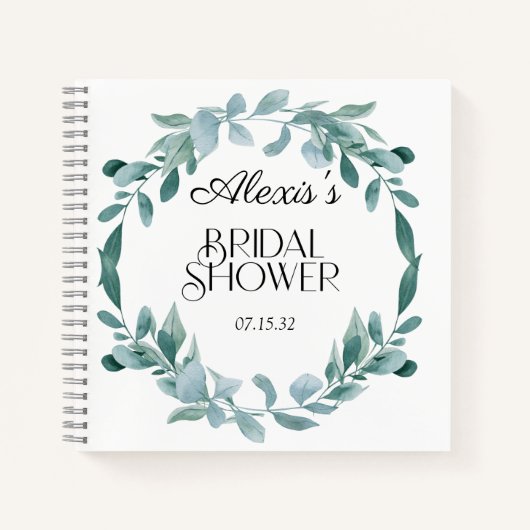 ユーカリプスグリーンリーフレームグリーンブルーブライダルシャワー ノートブック (正面)