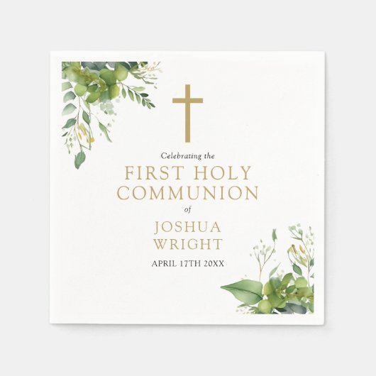 ユーカリプスグリーンリーフローラファースト・ホリー・コミューン スタンダードカクテルナプキン (正面)