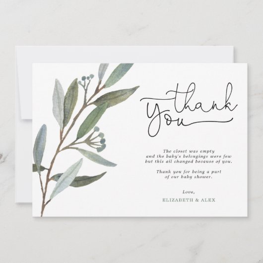 ユーカリプスグリーンリーベビーシャワーサンキューカード 招待状 (正面)