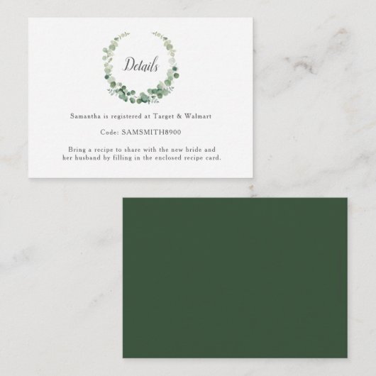 ユーカリプスグリーンリーリースブライダルシャワー詳細 エンクロージャーカード (正面/裏面)