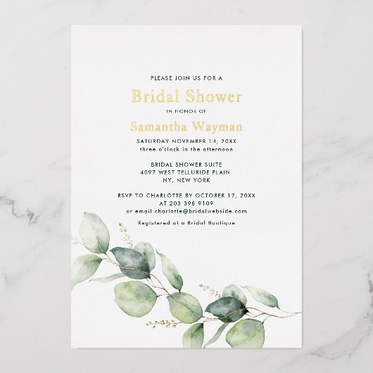 ユーカリプスグリーンリーリーフブライダルシャワー金ゴールド 箔招待状 (正面)
