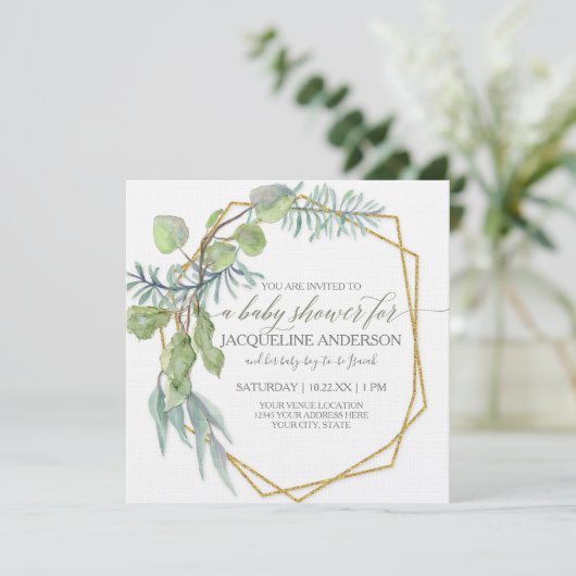 ユーカリプスグリーンリー幾何学リースベビーシャワー 招待状 (スタンド正面)