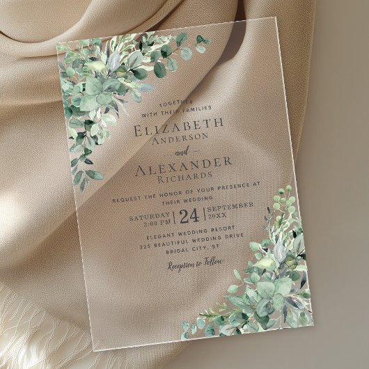 ユーカリプスグリーンリー水の色ボホ結婚の アクリル招待状