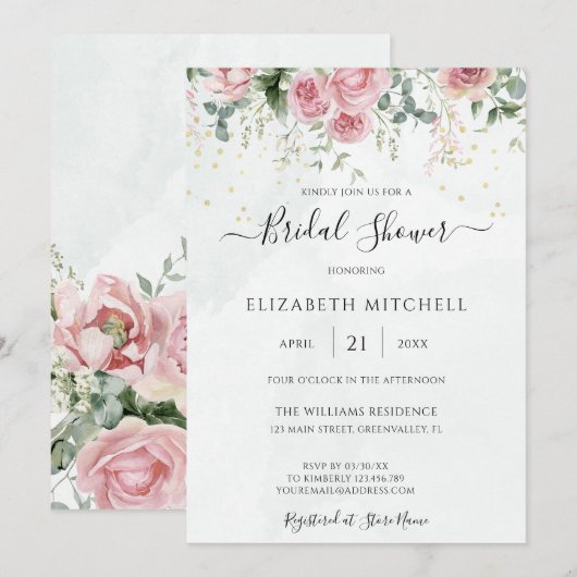 ユーカリプスグリーンリー葉金ゴールドブライダルシャワー 招待状 (正面/裏面)