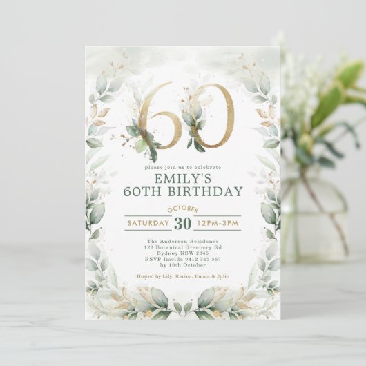 ユーカリプスグリーンリー金ゴールドガーデン60誕生日 招待状 (スタンド正面)