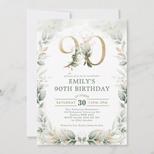 ユーカリプスグリーンリー金ゴールドガーデン90誕生日 招待状 (正面)