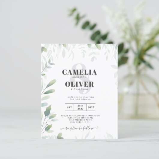 ユーカリプスグリーンリー金ゴールド予算結婚式招待状 (スタンド正面)
