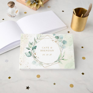 ユーカリプスグリーンリー金ゴールド幾何学的エレガントな結婚式 ゲストブック