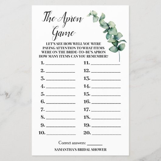 ユーカリプスザエプロンブライダルシャワーゲームカード チラシ (正面)