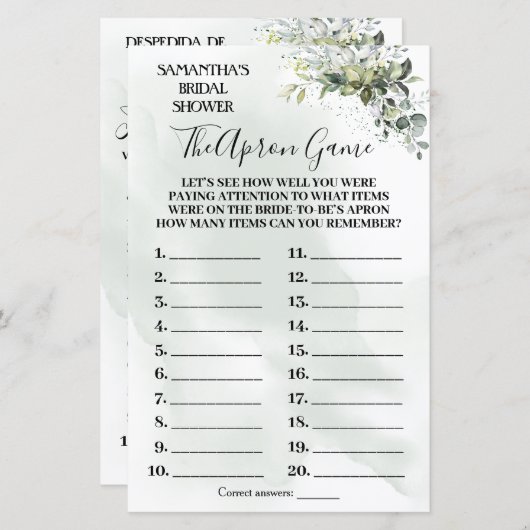 ユーカリプスザエプロンブライダルシャワーバイリンガルゲーム (正面/裏面)