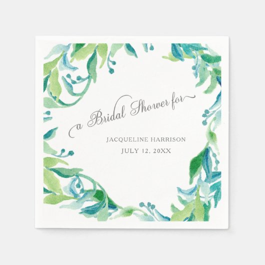 ユーカリプスシードリーフローレルリースブライダルシャワー スタンダードカクテルナプキン (正面)