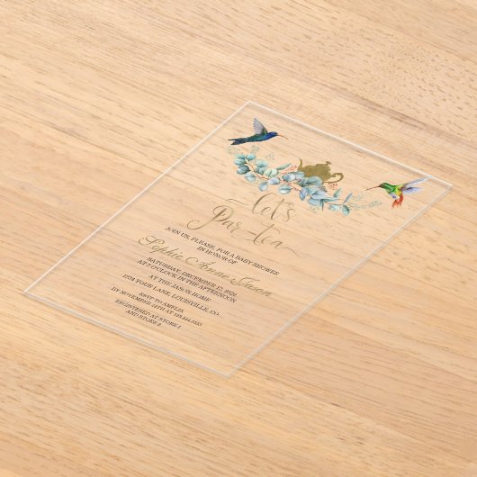 ユーカリプスハミングバーズボーイティーベイビーシャワー アクリル招待状 (レイダウン)