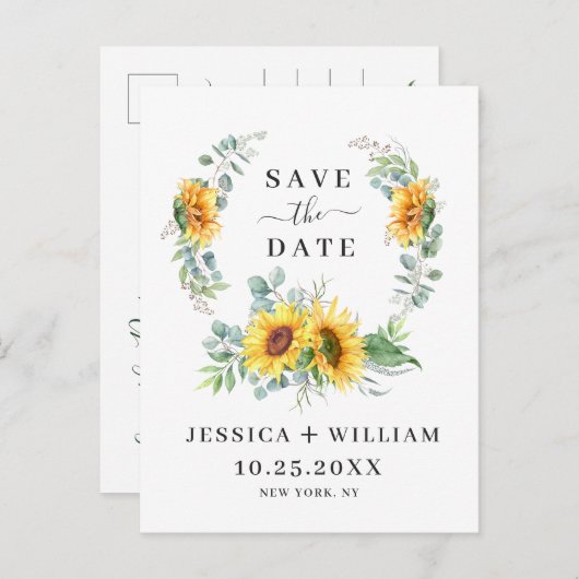 ユーカリプスヒマワリPHOTOウェディング日付を保存 案内ポストカード (正面/裏面)