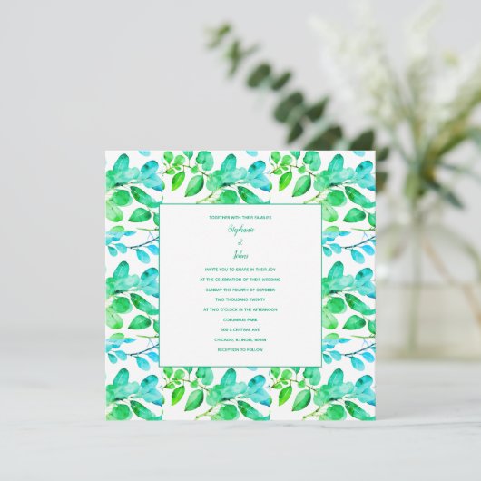 ユーカリプスリーフアートグリーンティール（緑がかった色）ダスティブルー結婚ズ シーズンカード (スタンド正面)