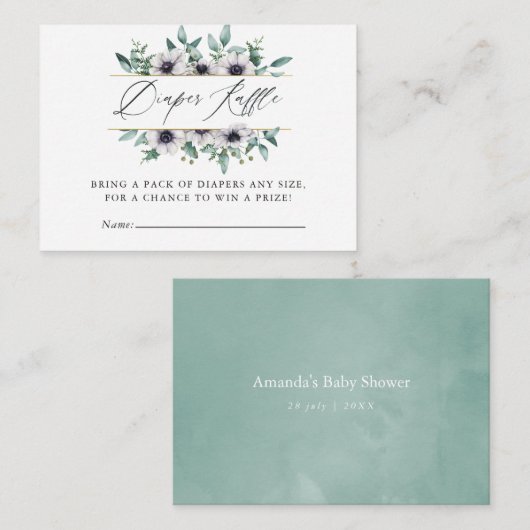 ユーカリプタスアネモネ赤ちゃんシャワーおむつラッフル エンクロージャーカード (正面/裏面)