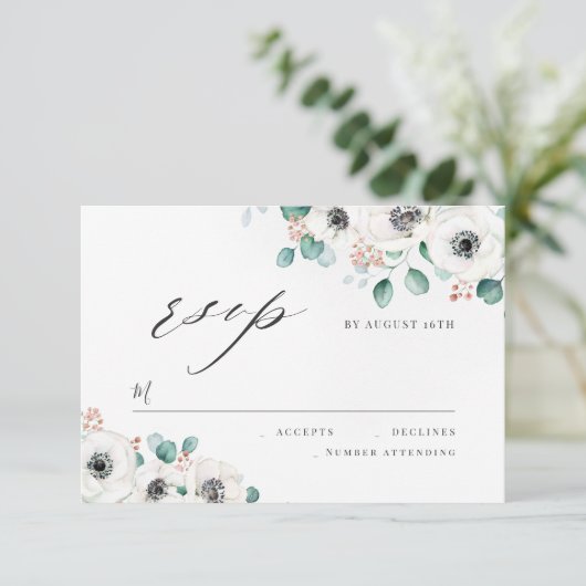 ユーカリプタスアネモンフローラ素朴な結婚式RSVP 出欠カード (スタンド正面)
