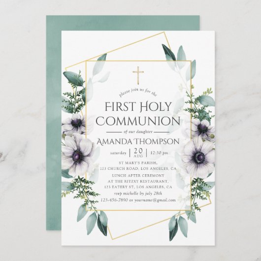 ユーカリプタスアネモン幾何学最初の聖餐式 招待状 (正面/裏面)