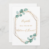 ユーカリプタスウォーターカラーグリーンリー金ゴールドマロンオナー 招待状 (正面/裏面)