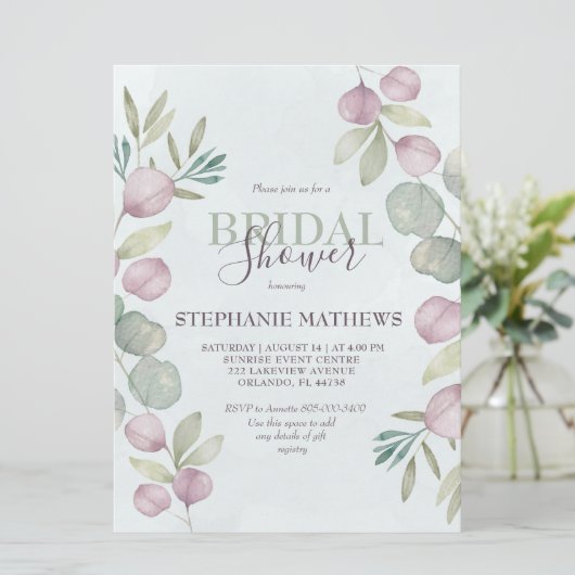 ユーカリプタスウォーターカラーダスティーブルーブライダルシャワー 招待状 (スタンド正面)