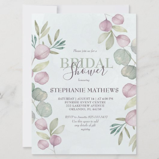 ユーカリプタスウォーターカラーダスティーブルーブライダルシャワー 招待状 (正面)