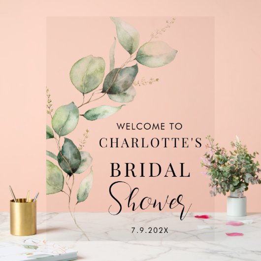 ユーカリプタスグリーンリースクリプトブライダルシャワーへようこそ アクリルサイン (ウェディング)