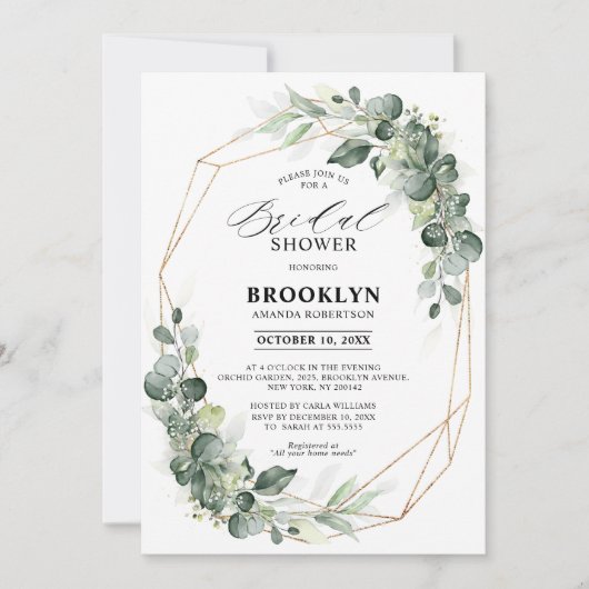 ユーカリプタスグリーン素朴リー幾何学ブライダルシャワー 招待状 (正面)