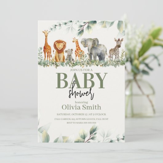 ユーカリプタスサファリ動物の赤ちゃんシャワー 招待状 (スタンド正面)