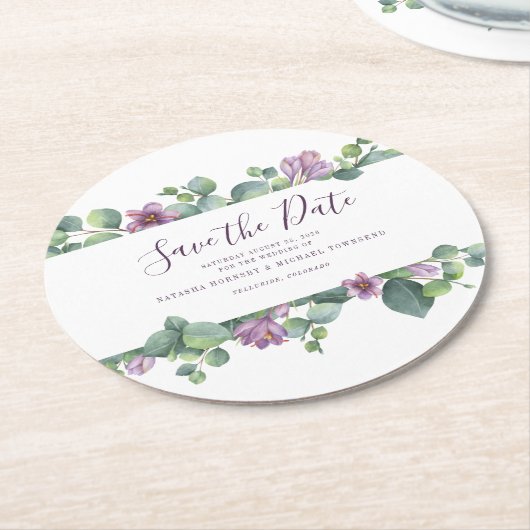 ユーカリプタススクリプトフローラ水の色日付を保存 ラウンドペーパーコースター (アングル)