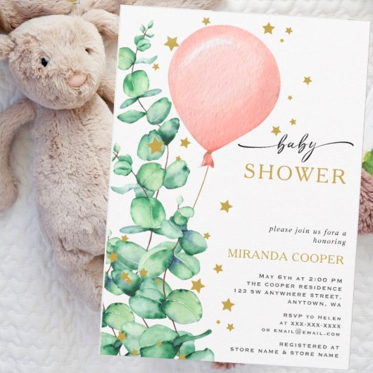 ユーカリプタスバルーンベビーガールシャワーゴールデンスターズ 招待状