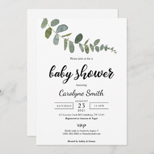 ユーカリプタスベビーシャワー招待状テンプレート 招待状 (正面/裏面)