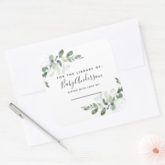 ユーカリプタスベビーシャワー蔵書票 スクエアシール (封筒)