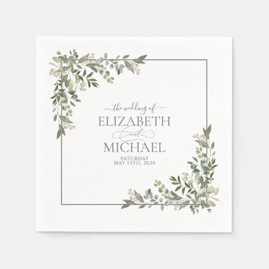 ユーカリプタスボタニカルセージ結婚グリーンズナプキン スタンダードカクテルナプキン (正面)