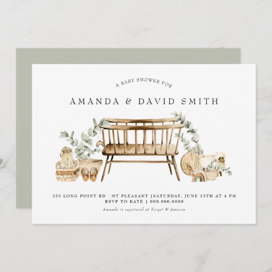 ユーカリプタスボヘミアンベビーシャワーセージグリーン 招待状 (正面/裏面)