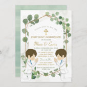 ユーカリプタスボーイツインズグリーンリー金ゴールド聖餐式 招待状 (正面/裏面)