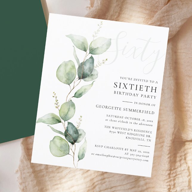 ユーカリプタスマム60th誕生日パーティーの招待状 (Modern Sage Green Eucalyptus 60th Birthday Party Invitation)