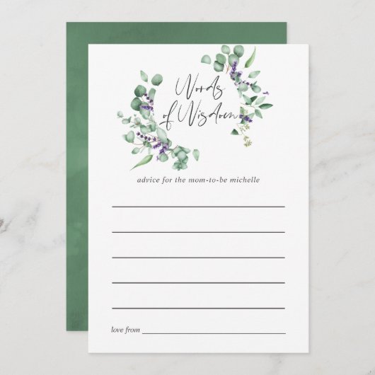 ユーカリプタスラベンダーグリーンリーベビーシャワーアドバイス アドバイスカード (正面/裏面)