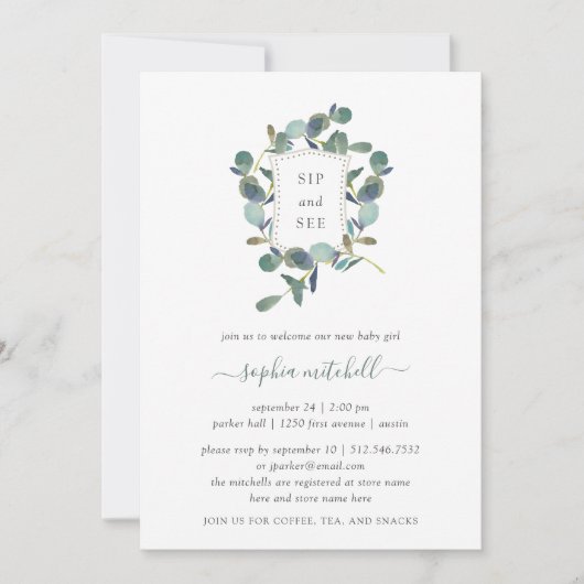 ユーカリプタス岬 | 水彩ベビーsipと参照 招待状 (正面)