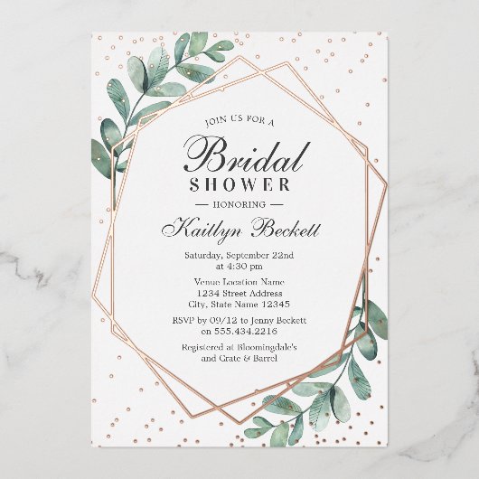 ユーカリプタス幾何ブライダルシャワー実在 箔招待状 (正面)