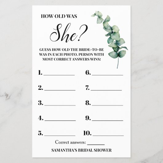 ユーカリプタス彼女は何歳のブライダルシャワーゲームカード チラシ (正面)