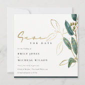 ユーカリプタス緑の金ゴールドの葉は日付招待状を保存 サンキューカード (正面)