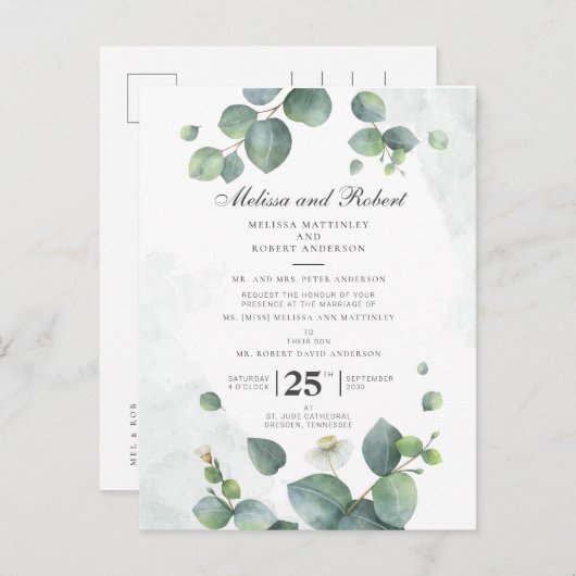 ユーカリプタス緑結婚植物学 インビテーションポストカード (正面/裏面)