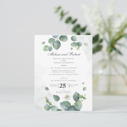 ユーカリプタス緑結婚植物学 インビテーションポストカード (スタンド正面)