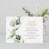 ユーカリプタス葉グリーンブライダルシャワー金ゴールド 箔招待状 (立ち正面)