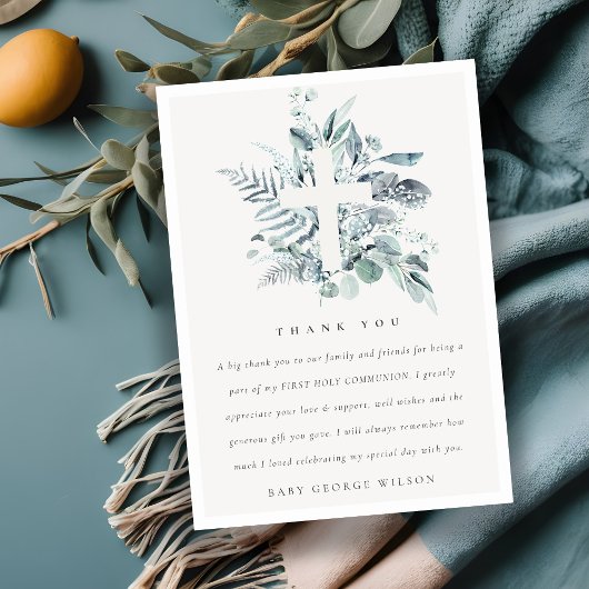 ユーカリプタス・シダの葉が最初の聖餐式を交差 サンキューカード