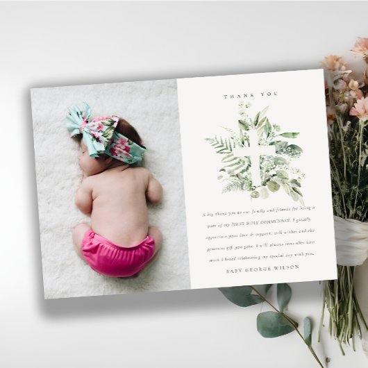 ユーカリプタス・シダの葉が最初の聖餐式を交差 サンキューカード