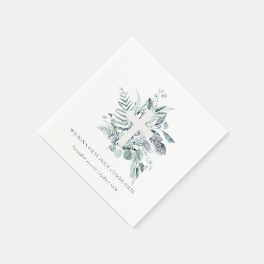 ユーカリプタス・シダの葉が最初の聖餐式を交差 スタンダードカクテルナプキン (角)