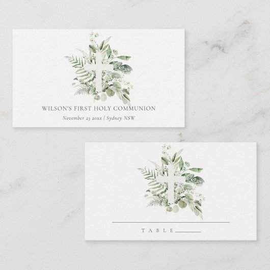 ユーカリプタス・シダの葉が最初の聖餐式を交差 プレイスカード (正面/裏面)